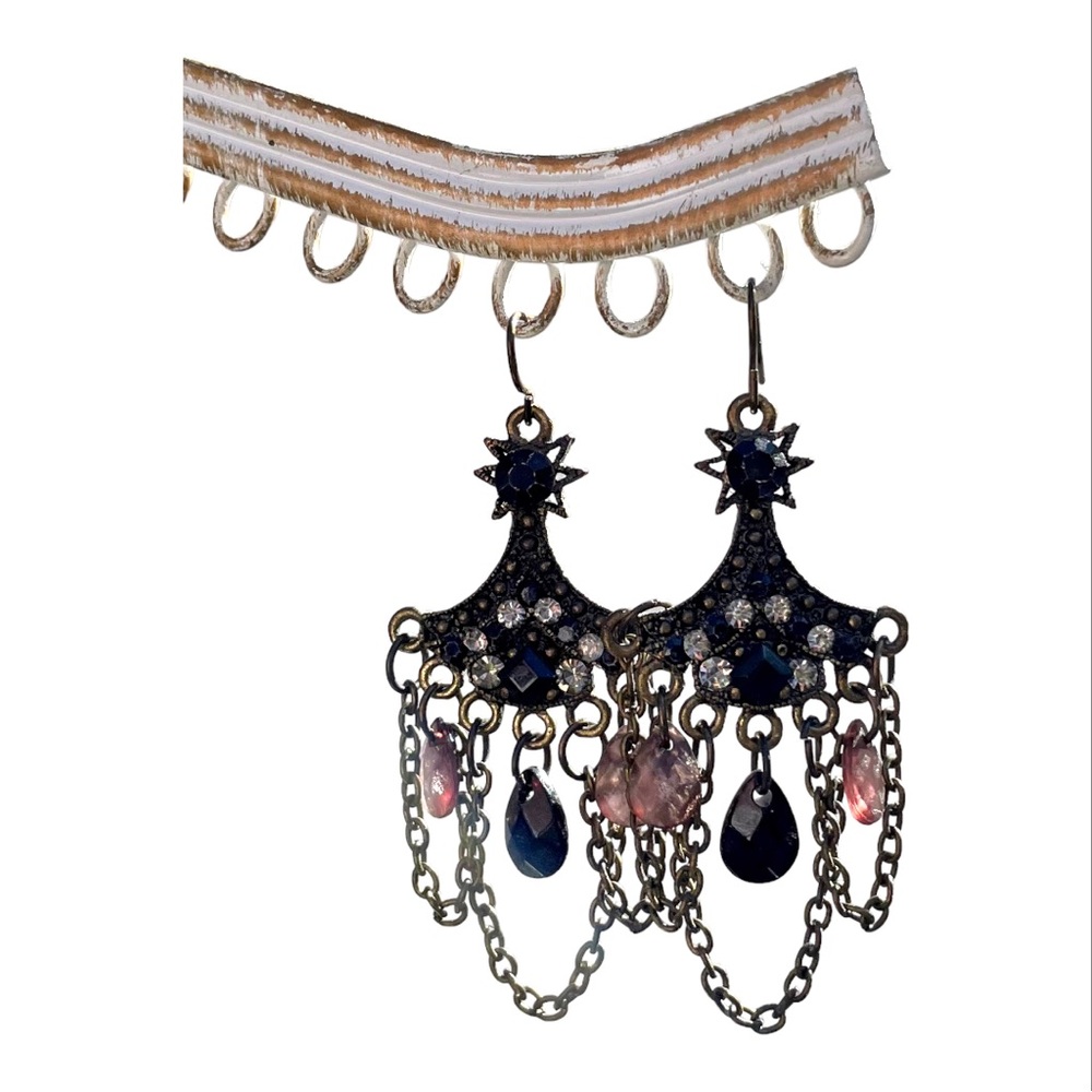 Antiqued Bronze Chandelier Earrings with Purple Tone Beads & Amber Rhinestones